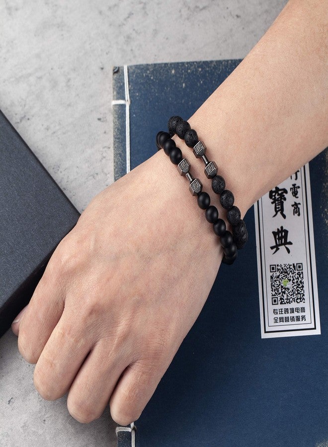 Softones Black Charm Dumbbell Bracelets for Men Women Natural Stone Dumbbell Beads Bracelets Set Gifts - Image 2