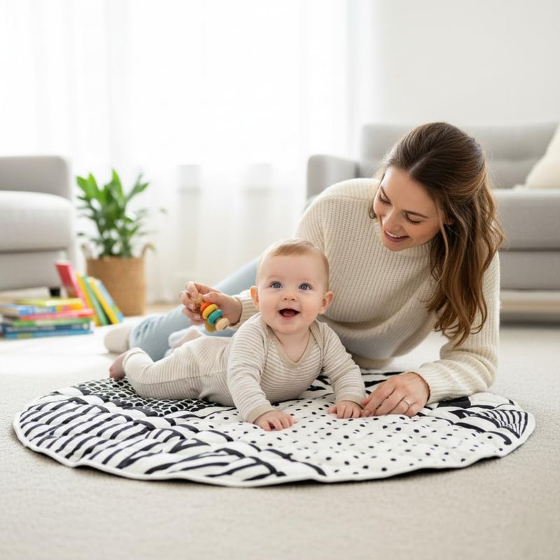 Byrd & Blume Reversible Round Baby Play Mat â€“ Black & White Print/Solid Gray - Image 2