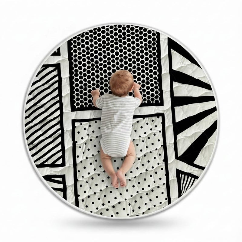 Byrd & Blume Reversible Round Baby Play Mat â€“ Black & White Print/Solid Gray - Image 1