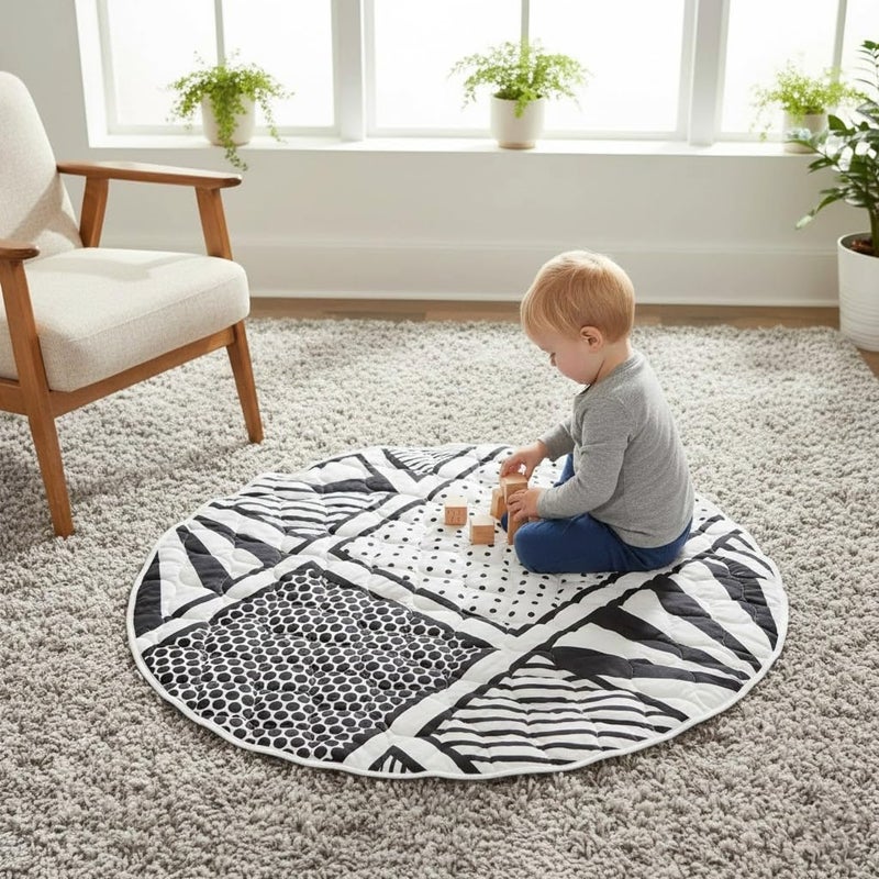 Byrd & Blume Reversible Round Baby Play Mat â€“ Black & White Print/Solid Gray - Image 5