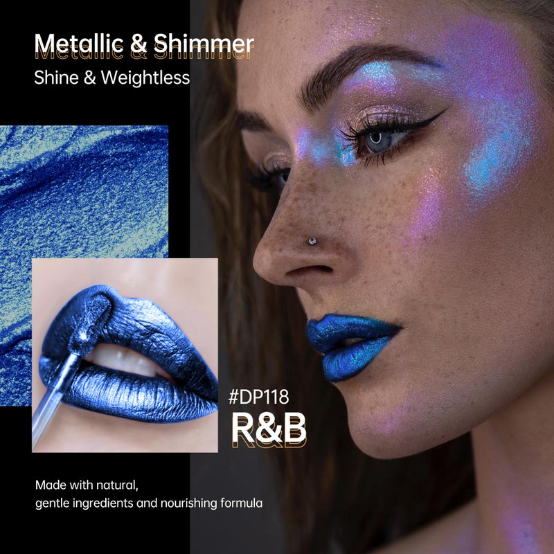 Depuplum Blue Lipsticks for Women Metallic Lipstick Long Lasting Non Stick Cup Lip Gloss, Shimmer Lightweight Hydrating Full Coverage Lip Color, DP118 RB - Image 2