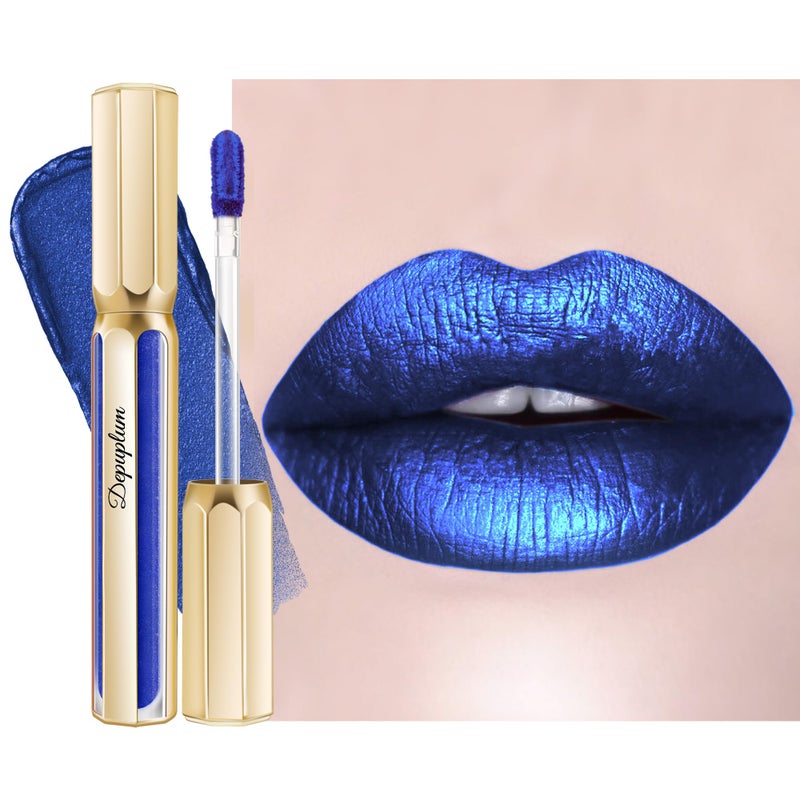 Depuplum Blue Lipsticks for Women Metallic Lipstick Long Lasting Non Stick Cup Lip Gloss, Shimmer Lightweight Hydrating Full Coverage Lip Color, DP118 RB - Image 1