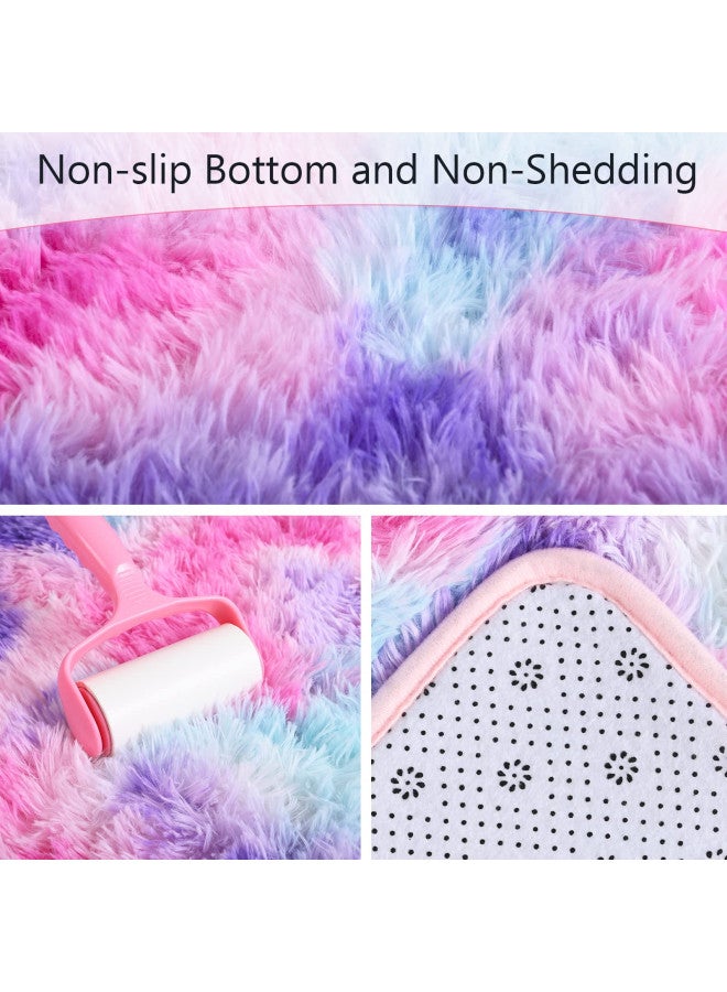 AROGAN Soft Rainbow Area Rugs for Girls Room 4x6 Feet, Fluffy Bedroom Rugs, Princess Rug, Cute Colorful Carpet for Kids Teens Nursery Toddler, Hot Pink - Image 1