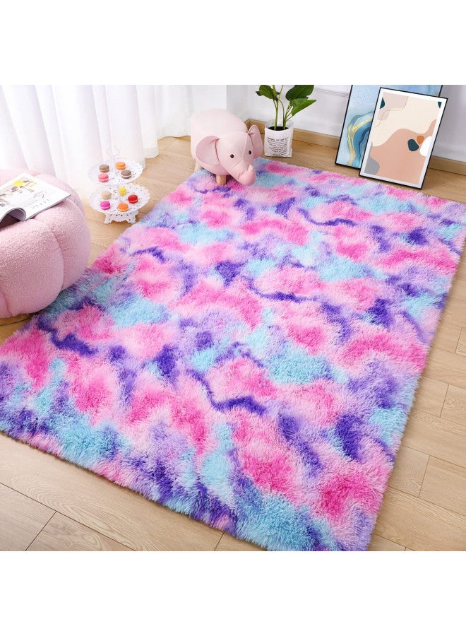 AROGAN Soft Rainbow Area Rugs for Girls Room 4x6 Feet, Fluffy Bedroom Rugs, Princess Rug, Cute Colorful Carpet for Kids Teens Nursery Toddler, Hot Pink - Image 3