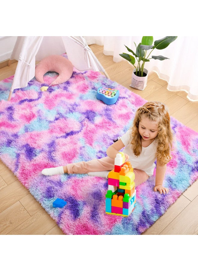 AROGAN Soft Rainbow Area Rugs for Girls Room 4x6 Feet, Fluffy Bedroom Rugs, Princess Rug, Cute Colorful Carpet for Kids Teens Nursery Toddler, Hot Pink - Image 2