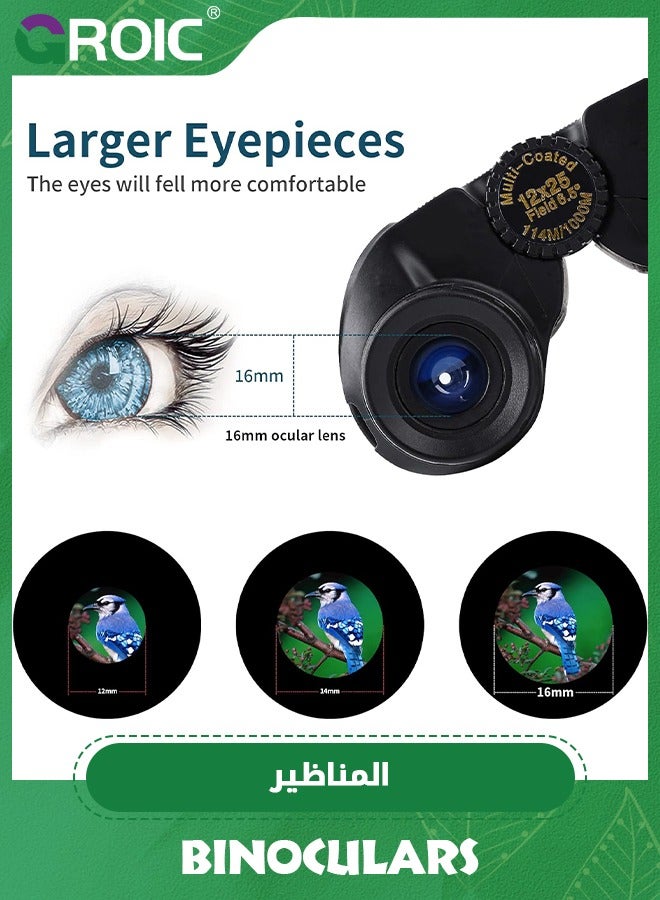 GROIC 12x25 Binoculars for Adults and Kids, Large View Compact Binoculars with Low Light Vision, Easy Focus Small Binoculars for Bird Watching Outdoor Travel Sightseeing Concert Hunting Hiking - Image 3
