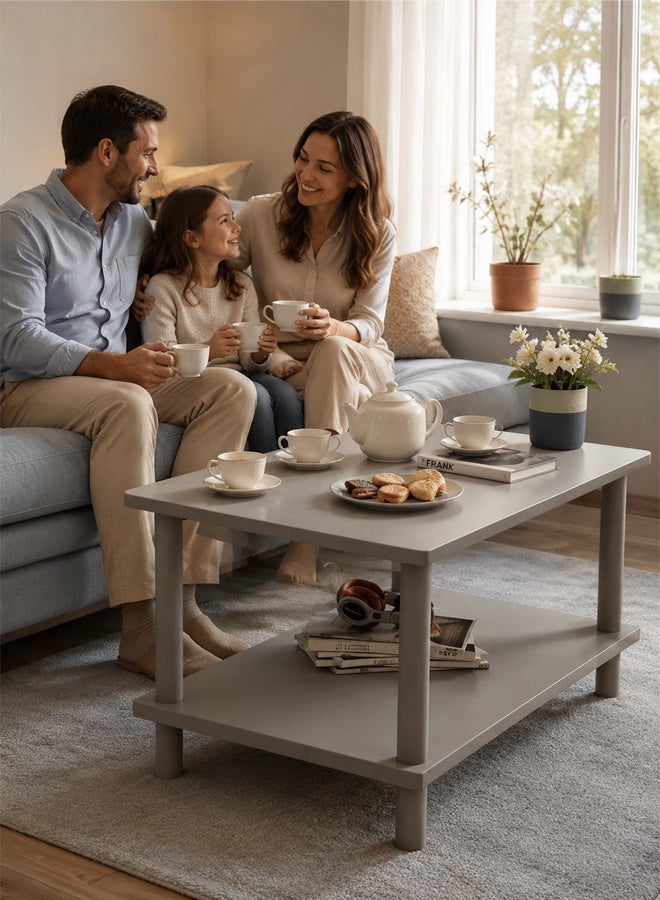 NKX Modern Grey 2-Tier Rectangular Coffee Table with Lower Storage Shelf | Freestanding Living Room Center Table 80×40×52cm | Minimalist Sofa Side Table for Living Room, Bedroom & Office | Sturdy Wood Construction - Image 2