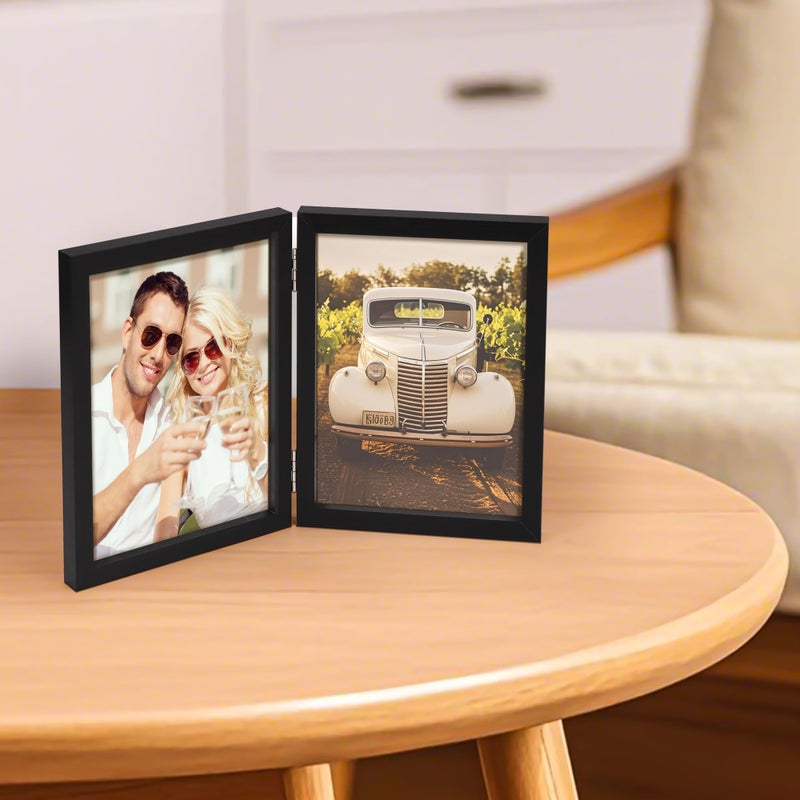 AEVETE 5x7 Picture Frames Double Hinged Wood Folding Photo Frames Vertical with Plexiglass Front, Black - Image 4