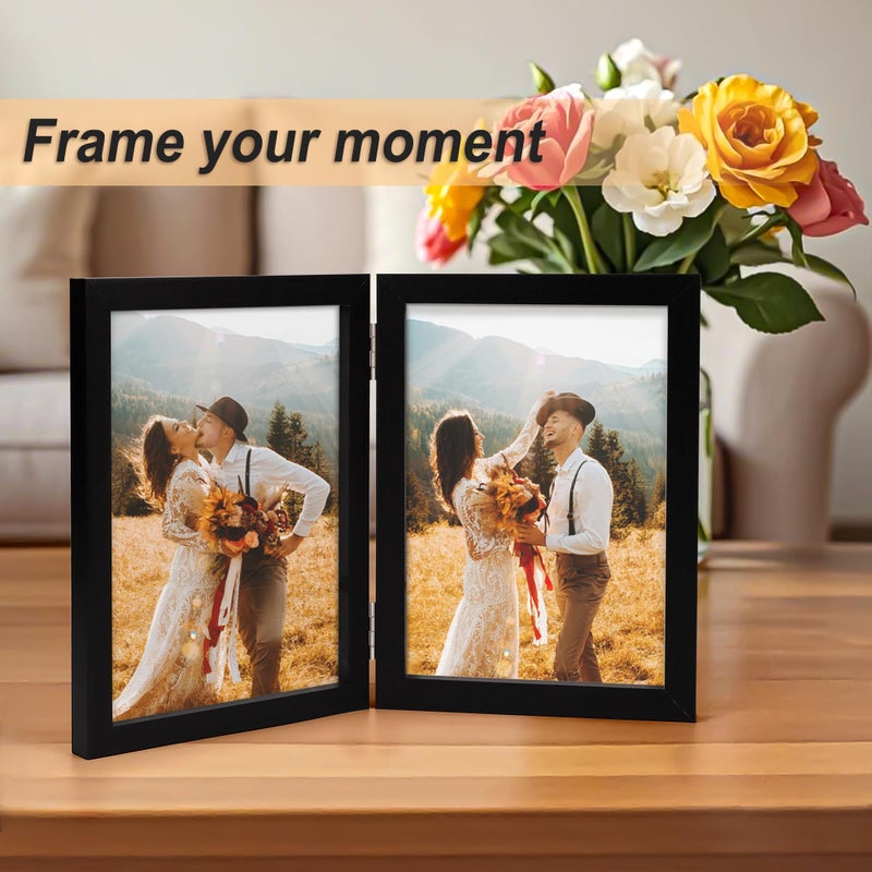 AEVETE 5x7 Picture Frames Double Hinged Wood Folding Photo Frames Vertical with Plexiglass Front, Black - Image 3