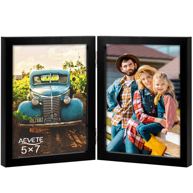 AEVETE 5x7 Picture Frames Double Hinged Wood Folding Photo Frames Vertical with Plexiglass Front, Black - Image 1