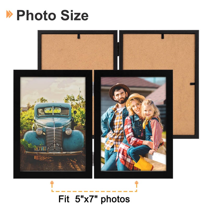 AEVETE 5x7 Picture Frames Double Hinged Wood Folding Photo Frames Vertical with Plexiglass Front, Black - Image 2