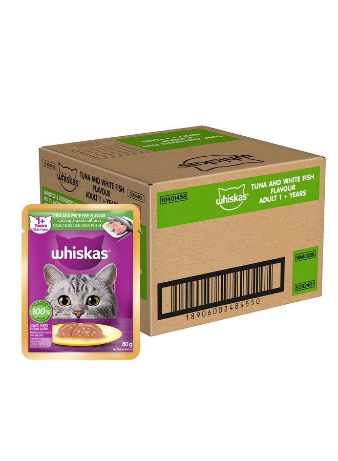 Whiskas Adult (1+ Years) Wet Cat Food, Tuna & White Fish Flavour, 80 G X 28, 100% Complete & Balanced Nutrition, Supports Healthy Immune System - Image 1