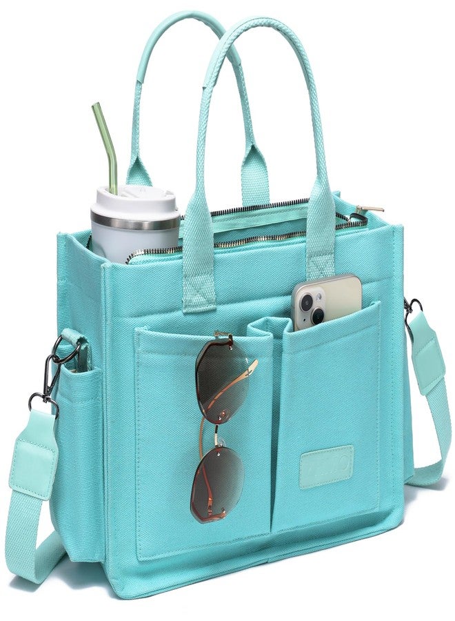ZHMO Large Top Handles Canvas Tote Bag for Women With Zipper Pockets,Green Laptop Crossbody Purses Everyday Satchel Shoulder Hobo Work Bag Handbags for Gift Teacher Beach Travel Gym Book Weekend Nurse - Image 1