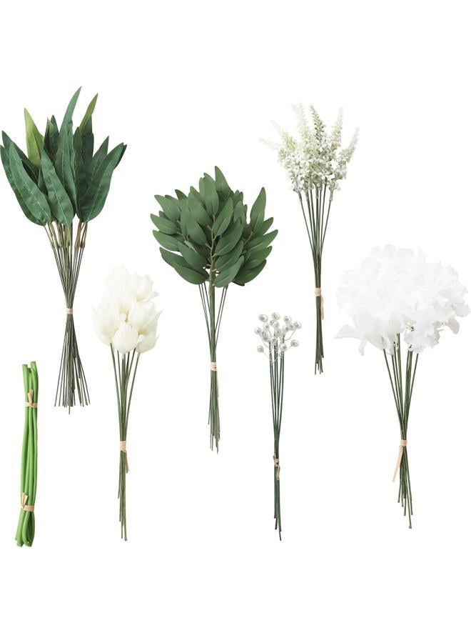 Floroom Artificial Greenery Stems Box Set, 76pcs with 6 Kinds of Faux Greenery Flowers Picks for DIY Bridal Bouquets Wedding Floral Arrangement Table Centerpieces, Green & White - Image 1