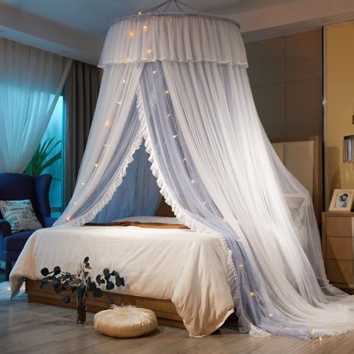 AIKASY Princess Bed Canopy for Girls & Adults, Elegant Double-Layer Bed Curtain, Children's Dream Round Lace Mosquito Net, Princess Canopy Net - Fits Twin, Full, Queen, and King Beds (Light Gray) - Image 3