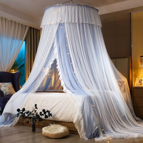 AIKASY Princess Bed Canopy for Girls & Adults, Elegant Double-Layer Bed Curtain, Children's Dream Round Lace Mosquito Net, Princess Canopy Net - Fits Twin, Full, Queen, and King Beds (Light Gray) - Image 1