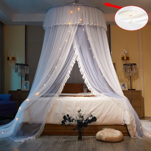 AIKASY Princess Bed Canopy for Girls & Adults, Elegant Double-Layer Bed Curtain, Children's Dream Round Lace Mosquito Net, Princess Canopy Net - Fits Twin, Full, Queen, and King Beds (Light Gray) - Image 2