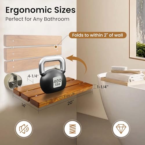 Bootuu 20 Inchs Teak Folding Shower Seat Wall Mounted, Fold Down Shower Seat for Inside Shower, Home Care Folding Teak Shower Seat, Folding Shower Seat with 400 Lb. Weight Capacity - Image 3