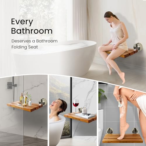 Bootuu 20 Inchs Teak Folding Shower Seat Wall Mounted, Fold Down Shower Seat for Inside Shower, Home Care Folding Teak Shower Seat, Folding Shower Seat with 400 Lb. Weight Capacity - Image 2