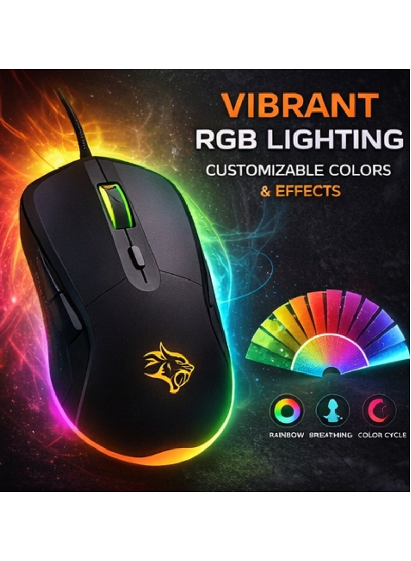 بورودو ماوس ألعاب سلكي بإضاءة خلفية RGB ودقة 7200 نقطة في البوصة، تصميم مريح مع 6 أزرار قابلة للبرمجة، ودقة DPI قابلة للتعديل، وإضاءة LED RGB، ومستشعر بصري دقيق، ماوس ألعاب للكمبيوتر المحمول لأجهزة الكمبيوتر الشخصية وألعاب FPS وMMO وMOBA - Image 4