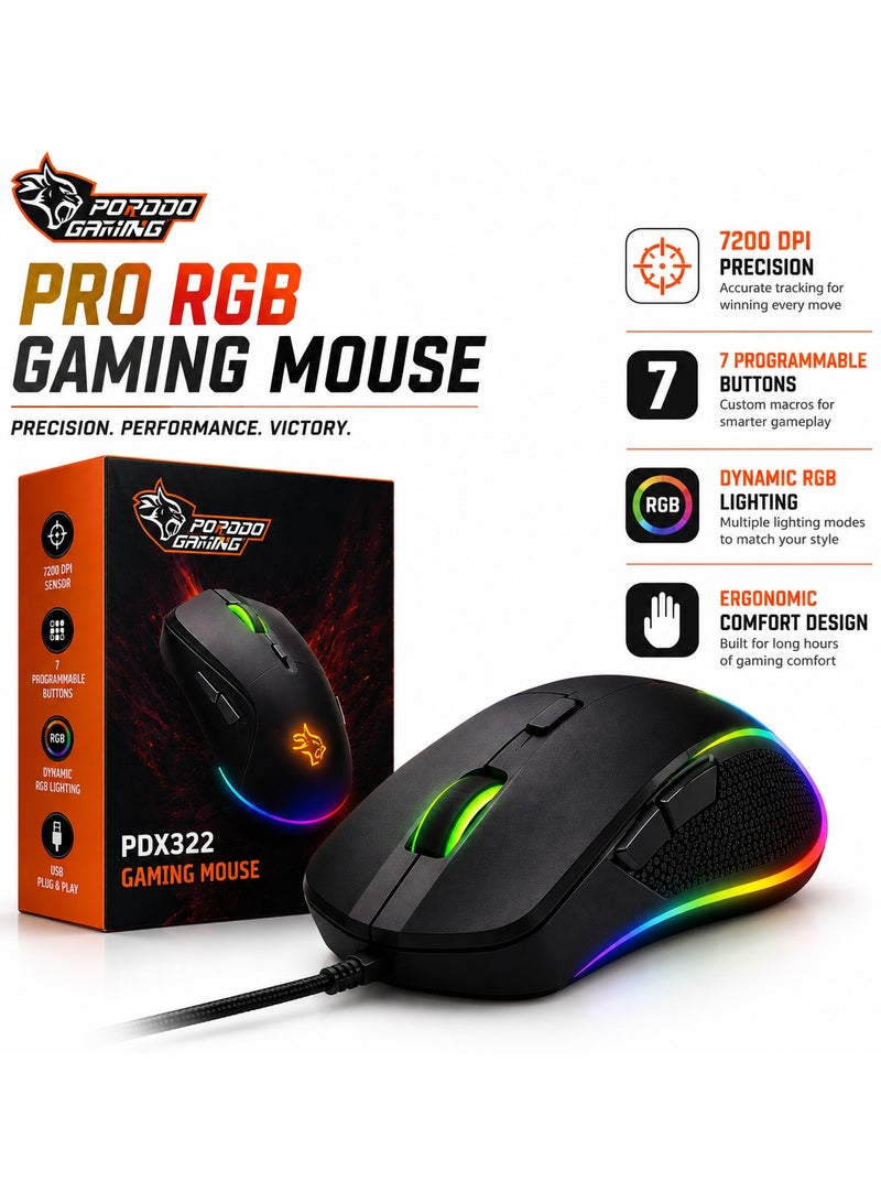 بورودو ماوس ألعاب سلكي بإضاءة خلفية RGB ودقة 7200 نقطة في البوصة، تصميم مريح مع 6 أزرار قابلة للبرمجة، ودقة DPI قابلة للتعديل، وإضاءة LED RGB، ومستشعر بصري دقيق، ماوس ألعاب للكمبيوتر المحمول لأجهزة الكمبيوتر الشخصية وألعاب FPS وMMO وMOBA - Image 1