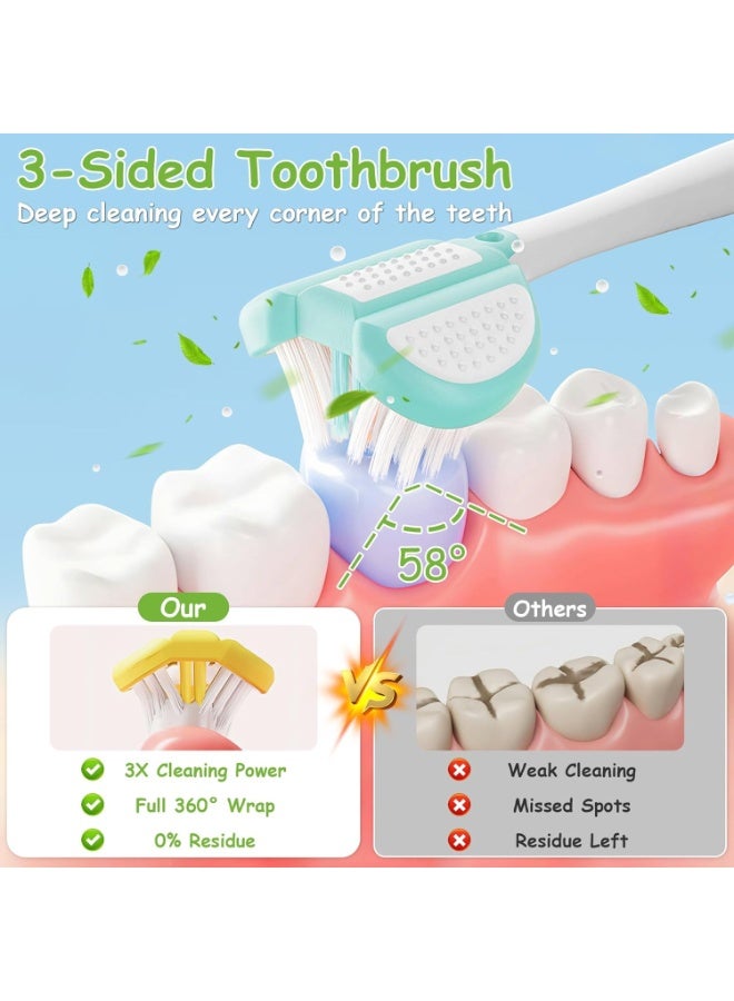 3-Sided  Toothbrush 4-Pack, For Gentle and Effective Cleaning, Easy-Grip Handle, for  Ages ，  Training Toothbrush (Red,Yellow,Purple,Blue) - Image 2