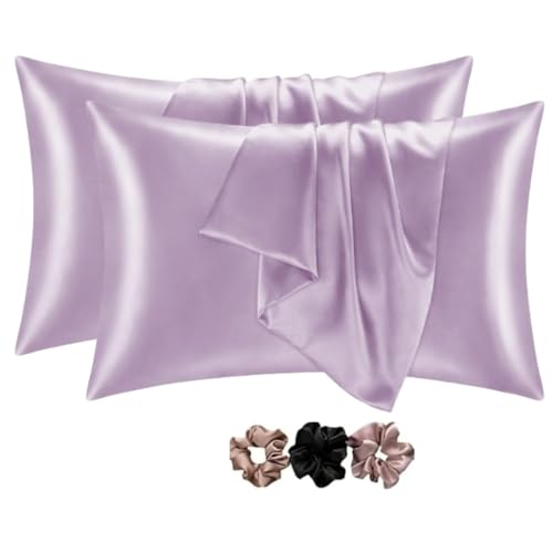 Go well Satin Silk Pillow Covers Pack of 2 for Hair and Skin-with Satin Scrunchies for Women Stylish|Satin Pillow Cover for Hair and Skin |scrunchies for Women 3-Piece|Silk Pillow case (Purple) 600TC - Image 1
