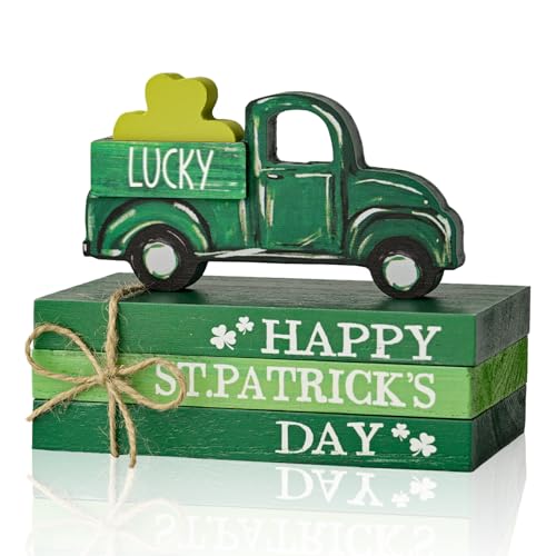 Sm:)e Smile StPatricks Day Wooden Book Stack Decor Green Shamrock Lucky Truck Design Freestanding Tabletop Shelf Wood Sign for Home Office - Image 1