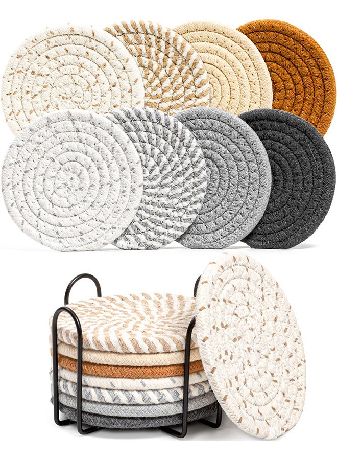 Peachjoy 8 Pcs Drink Coasters with Holder, 8 Colors Absorbent Coasters for Drinks Minimalist Cup Coasters Cotton Coaster Set Woven Coasters for Coffee Table Home Decor Housewarming Gift, 4.3 Inch - Image 1