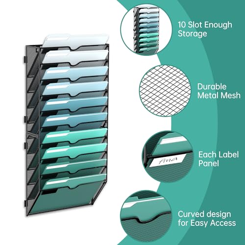 SUPEASY 10-Tier Wall File Organizer, Hanging Wall Files for Papers, Folders, Magazines, Wall Organizer for Clipboard, Assembly Needed, Black - Image 3