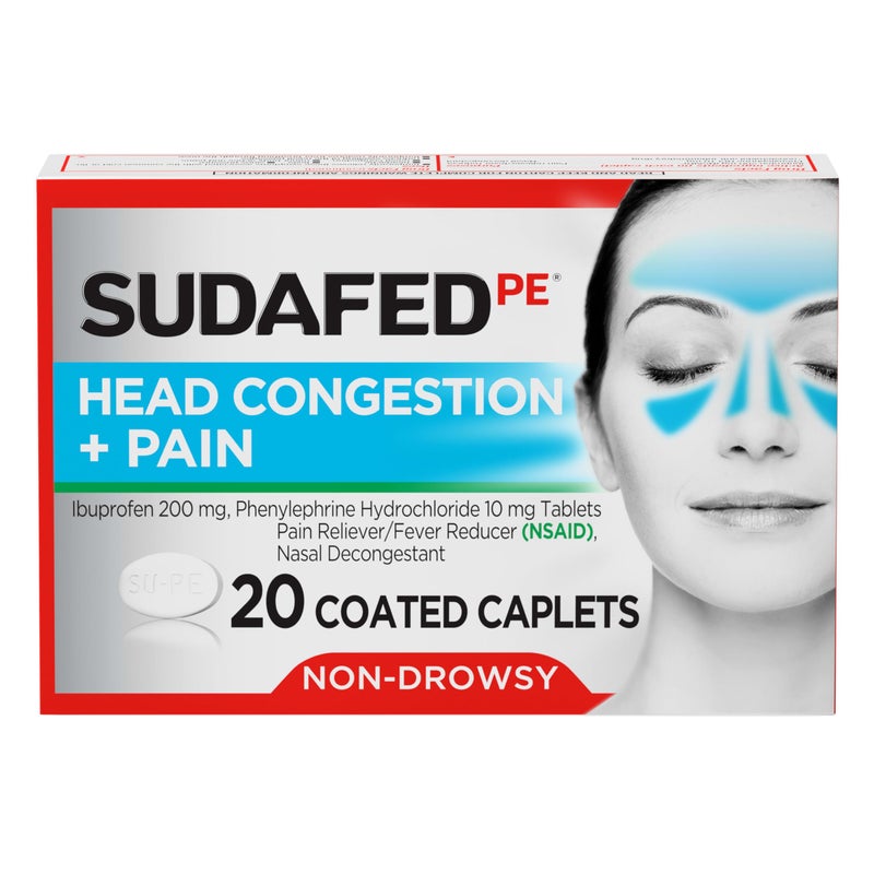 Sudafed سودافيد بي إي غير مسبب للنعاس لتخفيف احتقان الرأس + الألم، أقراص مع إيبوبروفين 200 ملغ وفينيل إفرين HCl 10 ملغ، مزيل احتقان الأنف ومسكن للألم ومخفض للحمى، 20 حبة - Image 1