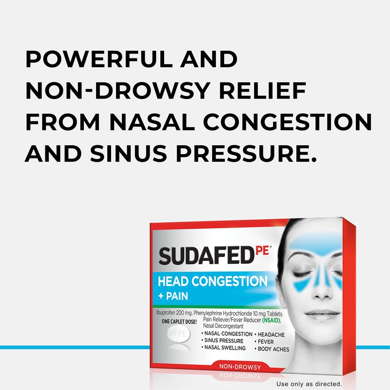 Sudafed سودافيد بي إي غير مسبب للنعاس لتخفيف احتقان الرأس + الألم، أقراص مع إيبوبروفين 200 ملغ وفينيل إفرين HCl 10 ملغ، مزيل احتقان الأنف ومسكن للألم ومخفض للحمى، 20 حبة - Image 2