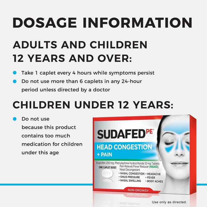 Sudafed سودافيد بي إي غير مسبب للنعاس لتخفيف احتقان الرأس + الألم، أقراص مع إيبوبروفين 200 ملغ وفينيل إفرين HCl 10 ملغ، مزيل احتقان الأنف ومسكن للألم ومخفض للحمى، 20 حبة - Image 3