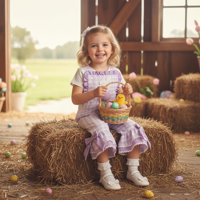 YINGISFITM Toddler Baby Girl Easter Outfit Bunny Overalls Ruffle Bell-Bottom Plaid One Piece Romper Jumpsuit Cute Clothes (Bunny Purple, 6-12 Months) - Image 3