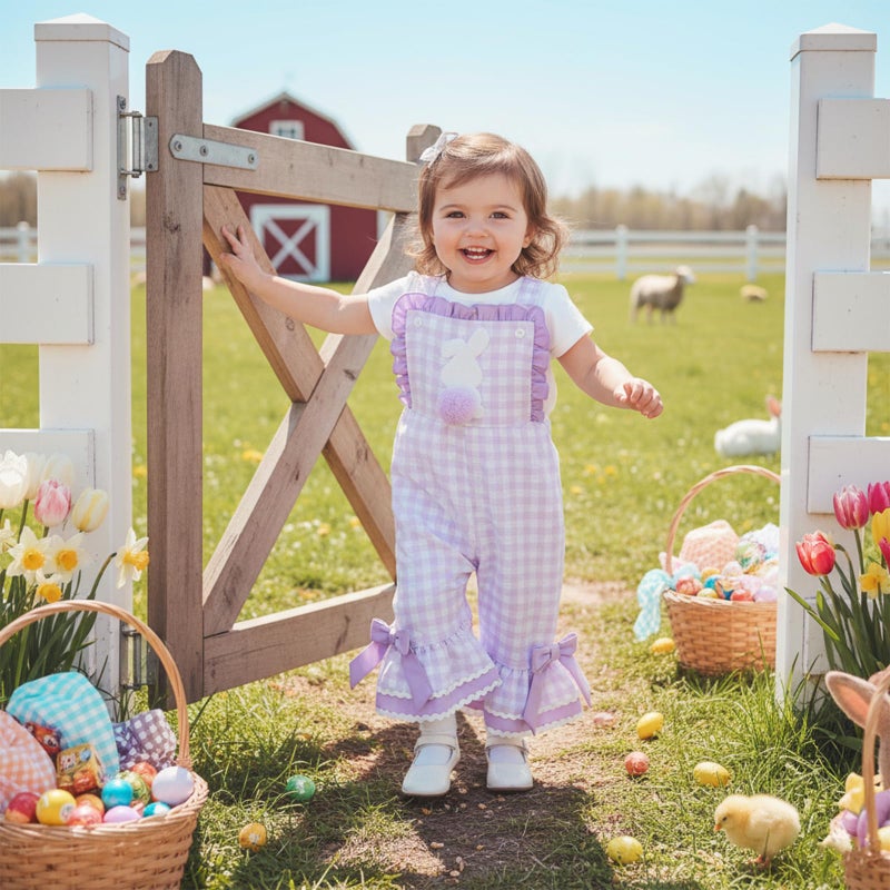 YINGISFITM Toddler Baby Girl Easter Outfit Bunny Overalls Ruffle Bell-Bottom Plaid One Piece Romper Jumpsuit Cute Clothes (Bunny Purple, 6-12 Months) - Image 2