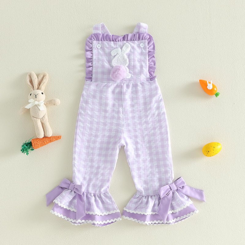 YINGISFITM Toddler Baby Girl Easter Outfit Bunny Overalls Ruffle Bell-Bottom Plaid One Piece Romper Jumpsuit Cute Clothes (Bunny Purple, 6-12 Months) - Image 5