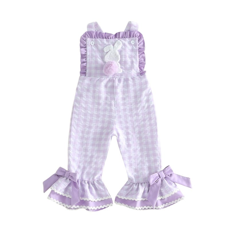 YINGISFITM Toddler Baby Girl Easter Outfit Bunny Overalls Ruffle Bell-Bottom Plaid One Piece Romper Jumpsuit Cute Clothes (Bunny Purple, 6-12 Months) - Image 1