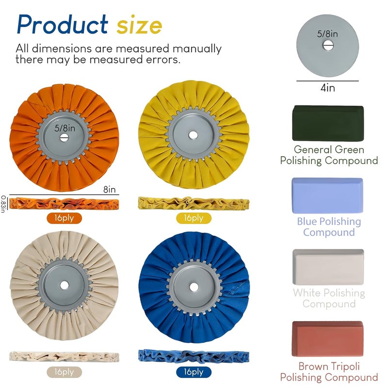 Ketofa 8'' Airway Buffing Wheel Kit, 9 Pcs Aluminum Wheel Polishing Kit in Diameter 5/8 inch Arbor Hole, Polishing Compound, Safety Flange, Metal Polishing Wheel for Angle Grinder Mirror Finish - Image 3