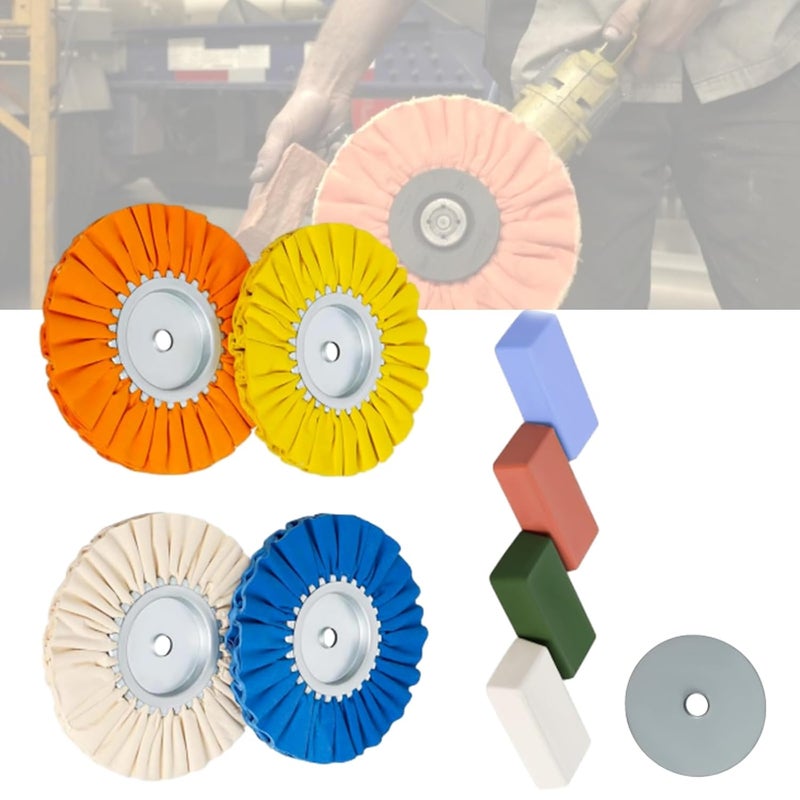 Ketofa 8'' Airway Buffing Wheel Kit, 9 Pcs Aluminum Wheel Polishing Kit in Diameter 5/8 inch Arbor Hole, Polishing Compound, Safety Flange, Metal Polishing Wheel for Angle Grinder Mirror Finish - Image 1