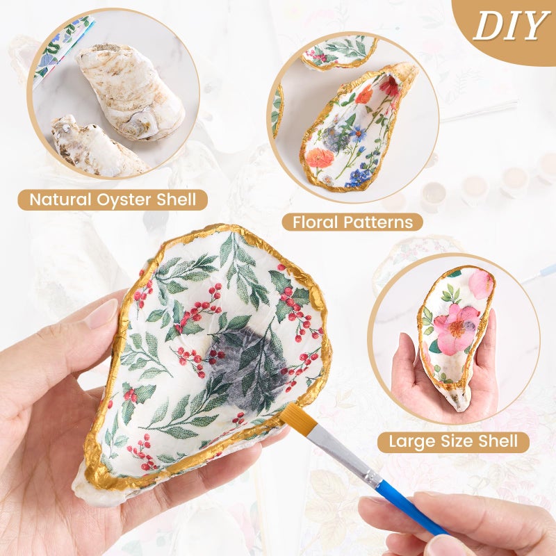 APUDWN 16 Set Natural Oyster Shells for Crafts 4-5 Inch Flat Oyster Shell Kits Drilled Includes Floral Chinoiserie Decoupage Napkins Glue Paints Twine Brushs for DIY Arts Hanging Ornaments - Image 4