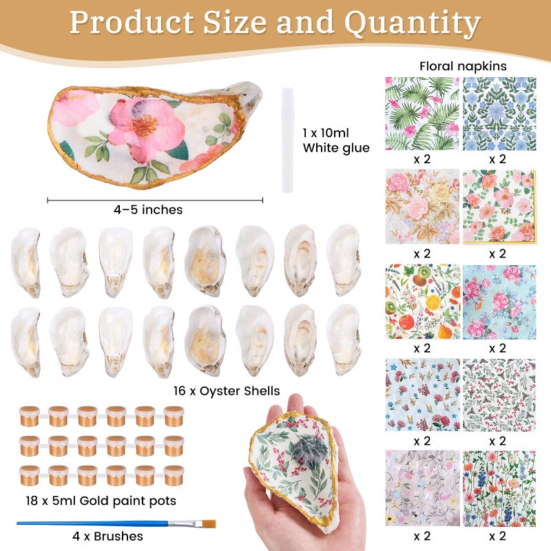 APUDWN 16 Set Natural Oyster Shells for Crafts 4-5 Inch Flat Oyster Shell Kits Drilled Includes Floral Chinoiserie Decoupage Napkins Glue Paints Twine Brushs for DIY Arts Hanging Ornaments - Image 3