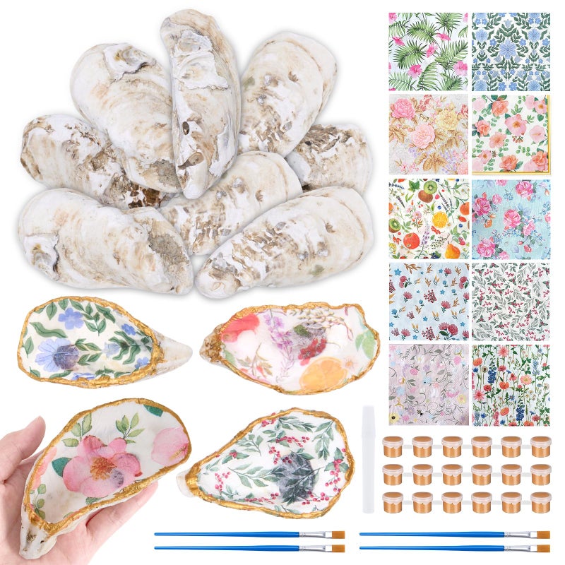 APUDWN 16 Set Natural Oyster Shells for Crafts 4-5 Inch Flat Oyster Shell Kits Drilled Includes Floral Chinoiserie Decoupage Napkins Glue Paints Twine Brushs for DIY Arts Hanging Ornaments - Image 1