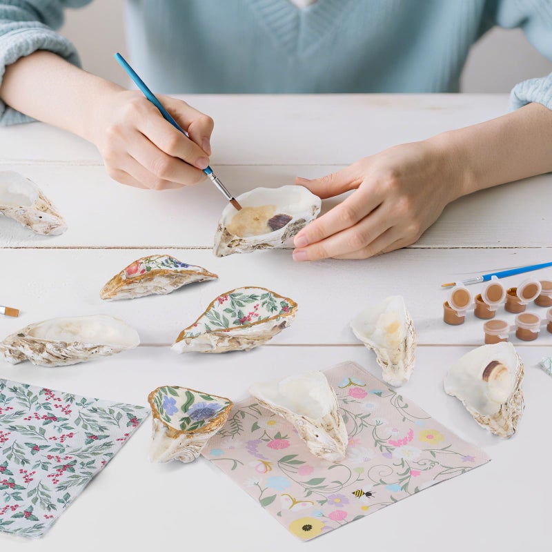 APUDWN 16 Set Natural Oyster Shells for Crafts 4-5 Inch Flat Oyster Shell Kits Drilled Includes Floral Chinoiserie Decoupage Napkins Glue Paints Twine Brushs for DIY Arts Hanging Ornaments - Image 5