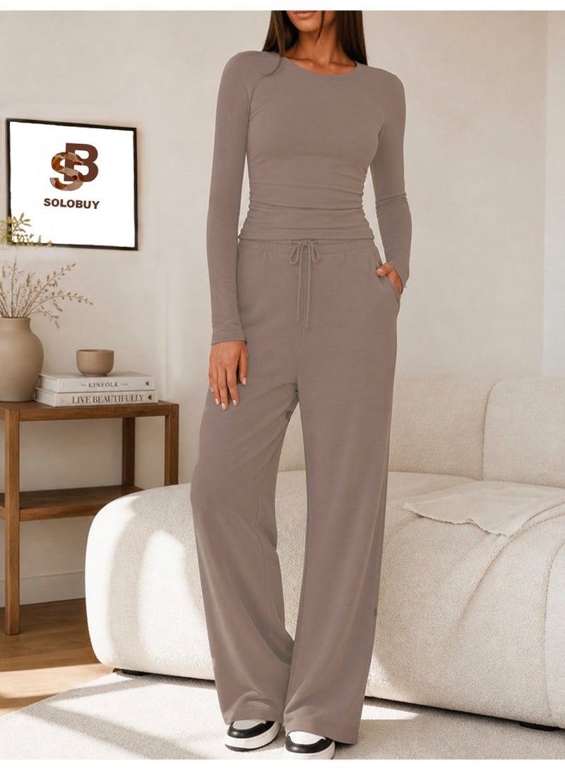 SOLOBUY Pyjamas Set Jersy Women's Long-Sleeved, Elastic Waist, Collar Round, Pants, Color Light Brown - Image 1