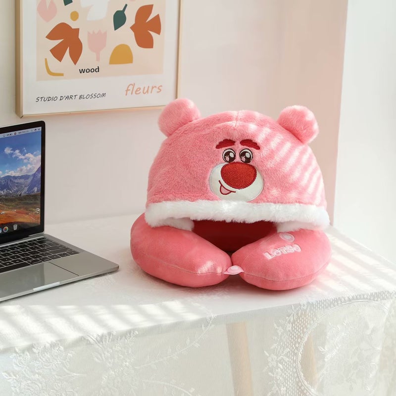 Cute Hooded Neck Pillow for Travel and Office Strawberry bear