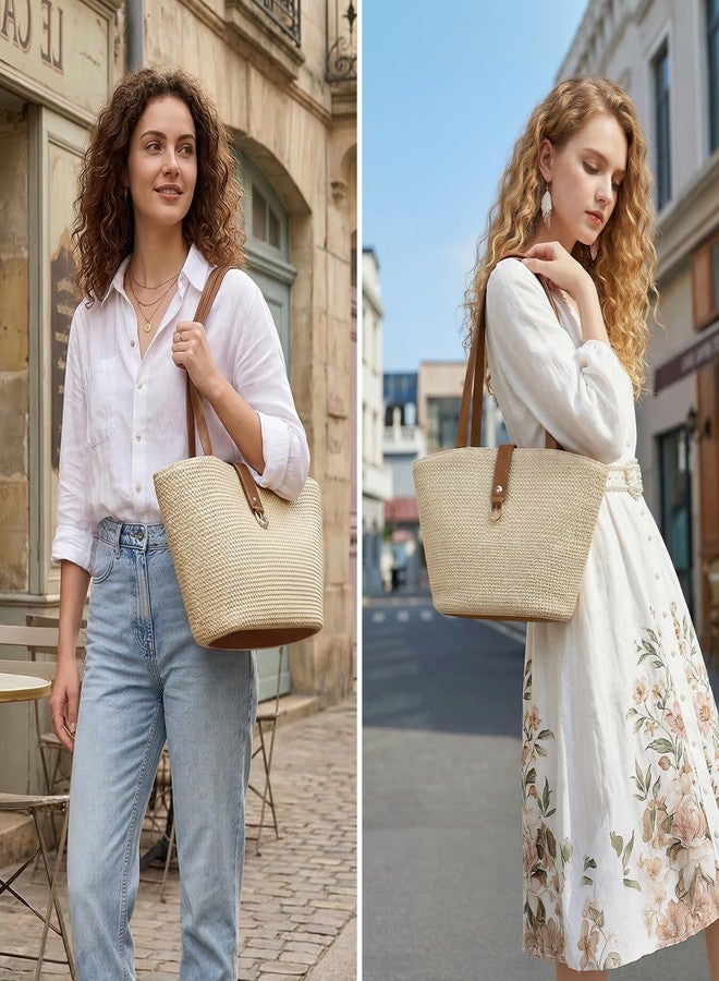 CHUNLI Straw Tote Bag for Women, Woven Raffia Straw Purse, Boho Beach Bag with PU Handle, Summer Vacation Resort Shoulder Bag - Image 5