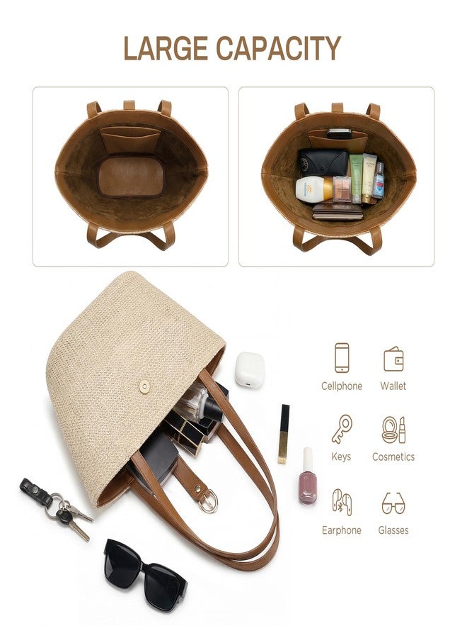 CHUNLI Straw Tote Bag for Women, Woven Raffia Straw Purse, Boho Beach Bag with PU Handle, Summer Vacation Resort Shoulder Bag - Image 3