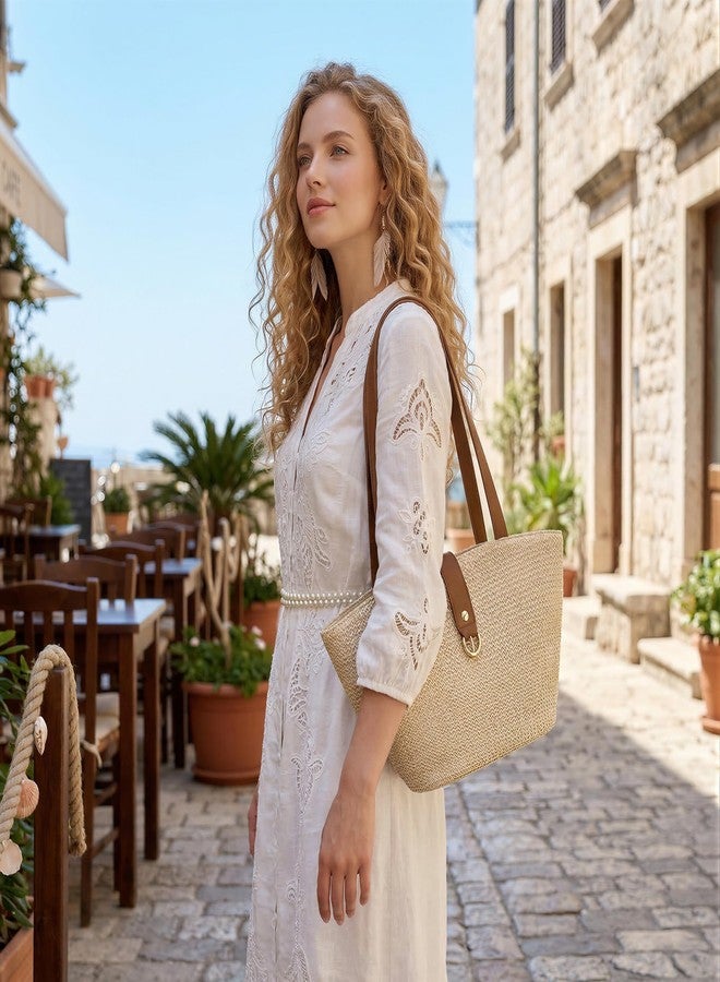 CHUNLI Straw Tote Bag for Women, Woven Raffia Straw Purse, Boho Beach Bag with PU Handle, Summer Vacation Resort Shoulder Bag - Image 2