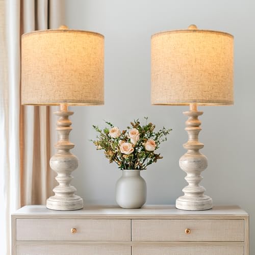BOBOMOMO 24" Farmhouse Resin Table Lamp Set of 2, Vintage Lamps for Living Room Bedroom with Linen Shades, Traditional Rustic Bedside Lamps Retro Table Lamps for Living Room, Bedroom, Office - Image 1