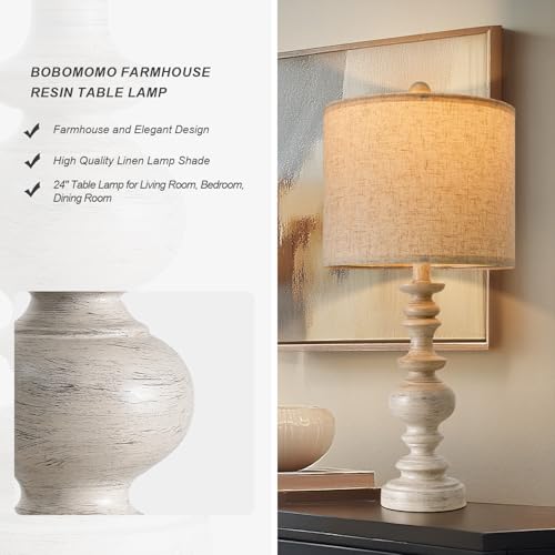 BOBOMOMO 24" Farmhouse Resin Table Lamp Set of 2, Vintage Lamps for Living Room Bedroom with Linen Shades, Traditional Rustic Bedside Lamps Retro Table Lamps for Living Room, Bedroom, Office - Image 2
